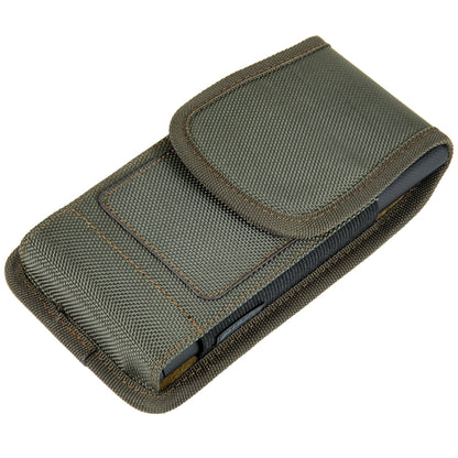 For Apple iPhone 16 Pro (6.3") Universal Nylon Pouch Case Vertical Phone Holster with Dual Card Slots, Pen Holder, Belt Clip Loop & Hook Cover [Green]