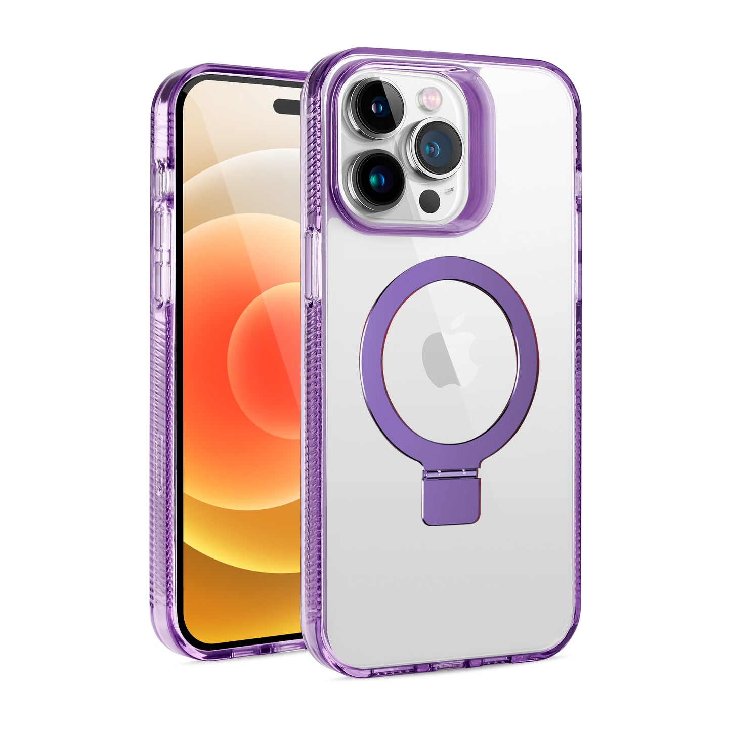 For Apple iPhone 17E /16E Transparent Magnetic Ring Circle Stand with MagSafe Compatible Hybrid Dotted Edged Hard PC Shockproof Case Cover Light Purple