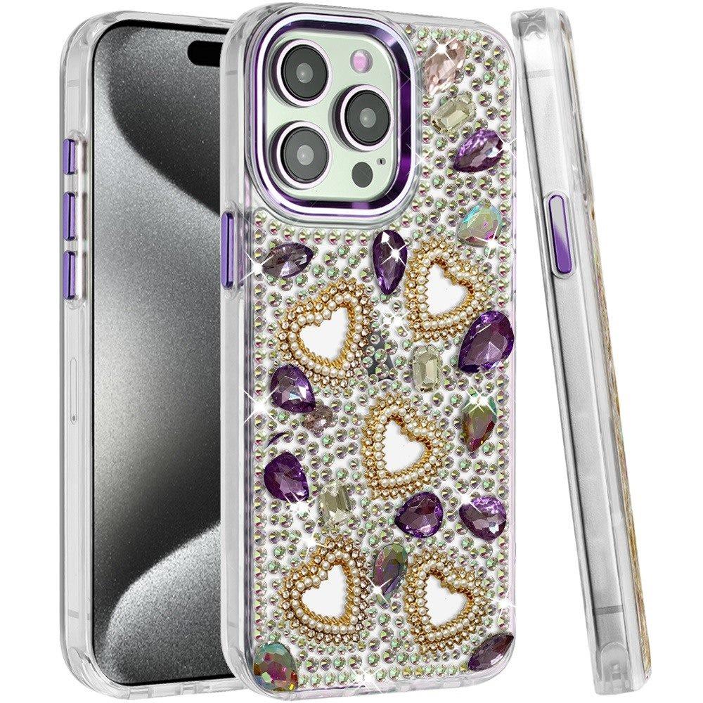 Phone Case for Apple iPhone 15 Pro Max Luxury Crystal Heart Rhinestone Diamond Bling Shockproof Hybrid Glitter Protective Stylish Durable Grip Cover