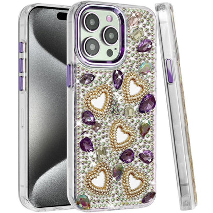 Phone Case for Apple iPhone 15 Pro Max Luxury Crystal Heart Rhinestone Diamond Bling Shockproof Hybrid Glitter Protective Stylish Durable Grip Cover