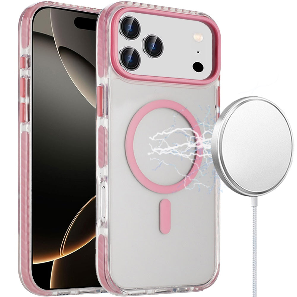 For Apple iPhone 17 Pro Max Transparent Hybrid with Color-Matched Magnetic Circle, Rubber TPU Frame Hard PC Shockproof Case Cover Pink