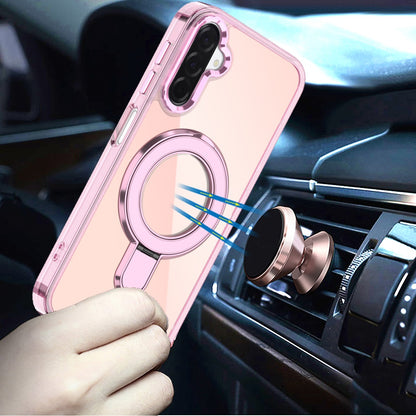 Phone Case for Galaxy A17 5G Chrome Magnetic Ring Stand Rotational Shockproof Hybrid Kickstand Metal Finish Rugged Drop Protection Armor Cover Pink