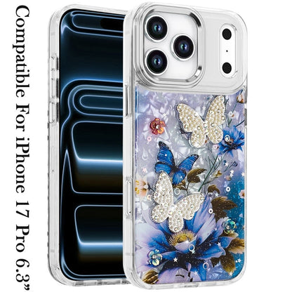 For Apple iPhone 17 Pro (6.3") Epoxy Glitter Flowers Bling 3D Butterfly Fashion TPU Hybrid with Shockproof Protection Case Cover