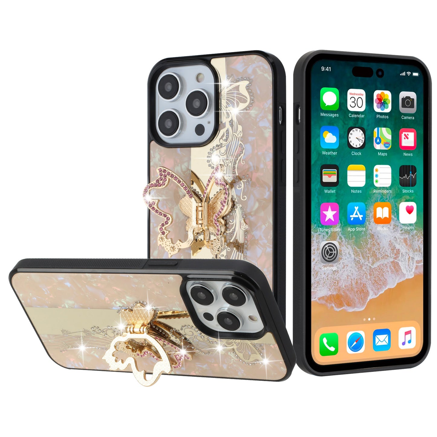 For Apple iPhone 16 Pro (6.3") Diamond Bling Sparkly 3D Back Ornaments Engraving Hybrid with Stand Fashion Case Cover Enchanted Butterfly Gold