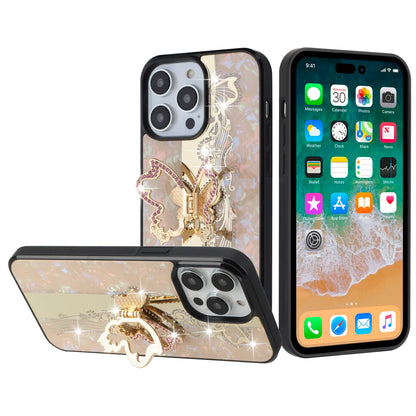 For Apple iPhone 16 Pro (6.3") Diamond Bling Sparkly 3D Back Ornaments Engraving Hybrid with Stand Fashion Case Cover Enchanted Butterfly Gold