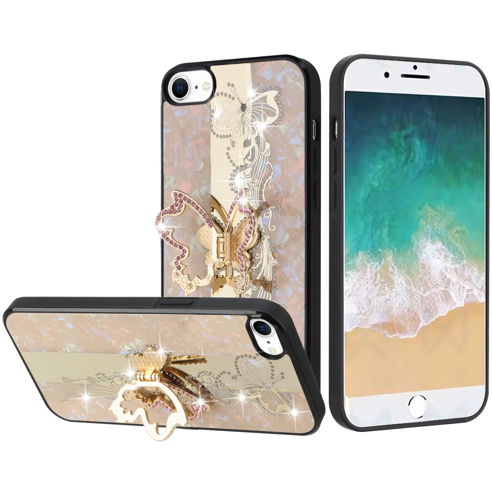 For Apple iPhone SE 4 Diamonds 3D Butterfly Bling Sparkly Glitter Ornaments Engraving Hybrid with Stand Fashion Case Cover Enchanted Butterfly Gold