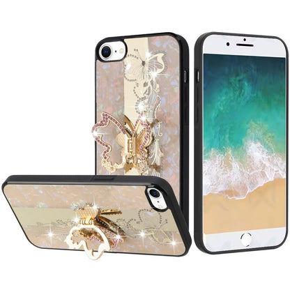 For Apple iPhone 17E /16E Diamonds 3D Fashion Bling Sparkly Glitter Ornaments Engraving Hybrid with Ring Stand Case Cover