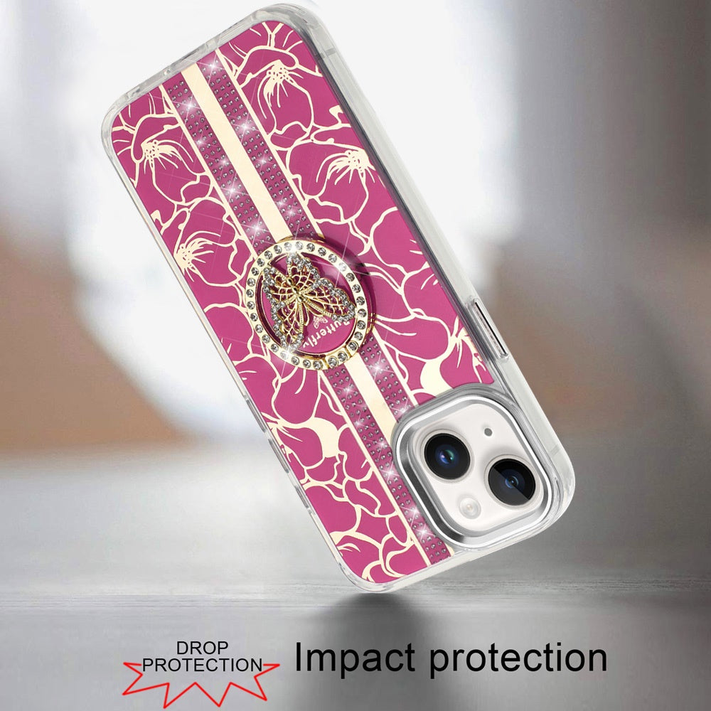 Phone Case for Apple iPhone 14/13 Floral Butterfly Ring Stand Glitter Bling Shockproof Hybrid Luxury Fashion Protective Anti Slip Durable Grip Cover Hotpink
