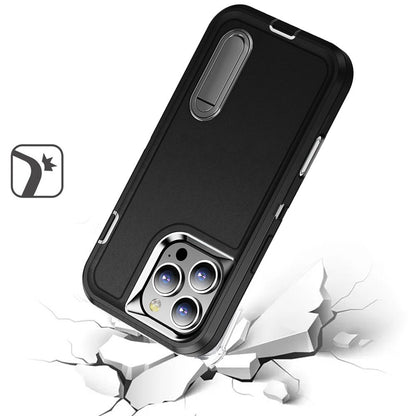 For Apple iPhone 16 Pro Hybrid 3 Layers Hard 3in1 Shockproof with Kickstand Heavy Duty Hard TPU Rubber Anti-Drop Case Cover Black +Dark Blue