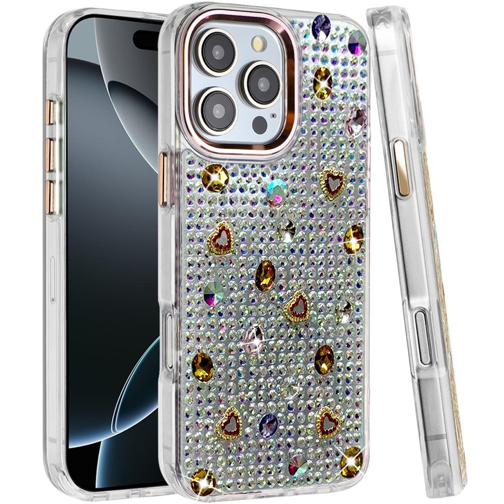 Phone Case for Apple iPhone 16 Pro Chrome Fashion Hybrid Bling Diamond Heart Rhinestone Decorative Stones Sparkling Embellished Design Cover