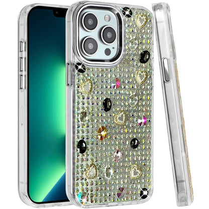Phone Case for Apple iPhone 13 Pro Max Chrome Fashion Hybrid Bling Diamond Heart Rhinestone Decorative Stones Sparkling Embellished Design Cover
