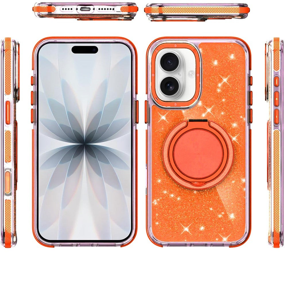 For Apple iPhone 17 (6.3") Slim Bling Glitter Sparkly Shimmer Hybrid with Magnetic Ring and 360° Rotational Stand [Compatible with Magsafe] Case Cover Cosmic Orange