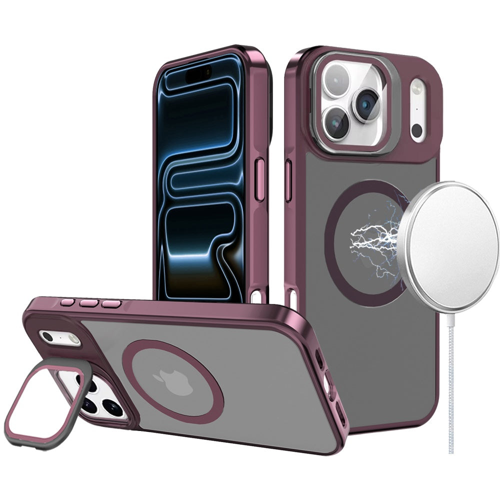 For Apple iPhone 17 Pro Max (6.9") Tough HQ Hybrid Case with Aluminum Frame Camera Stand, Compatible with MagSafe, Translucent Matte Shockproof Case Cover Burgundy