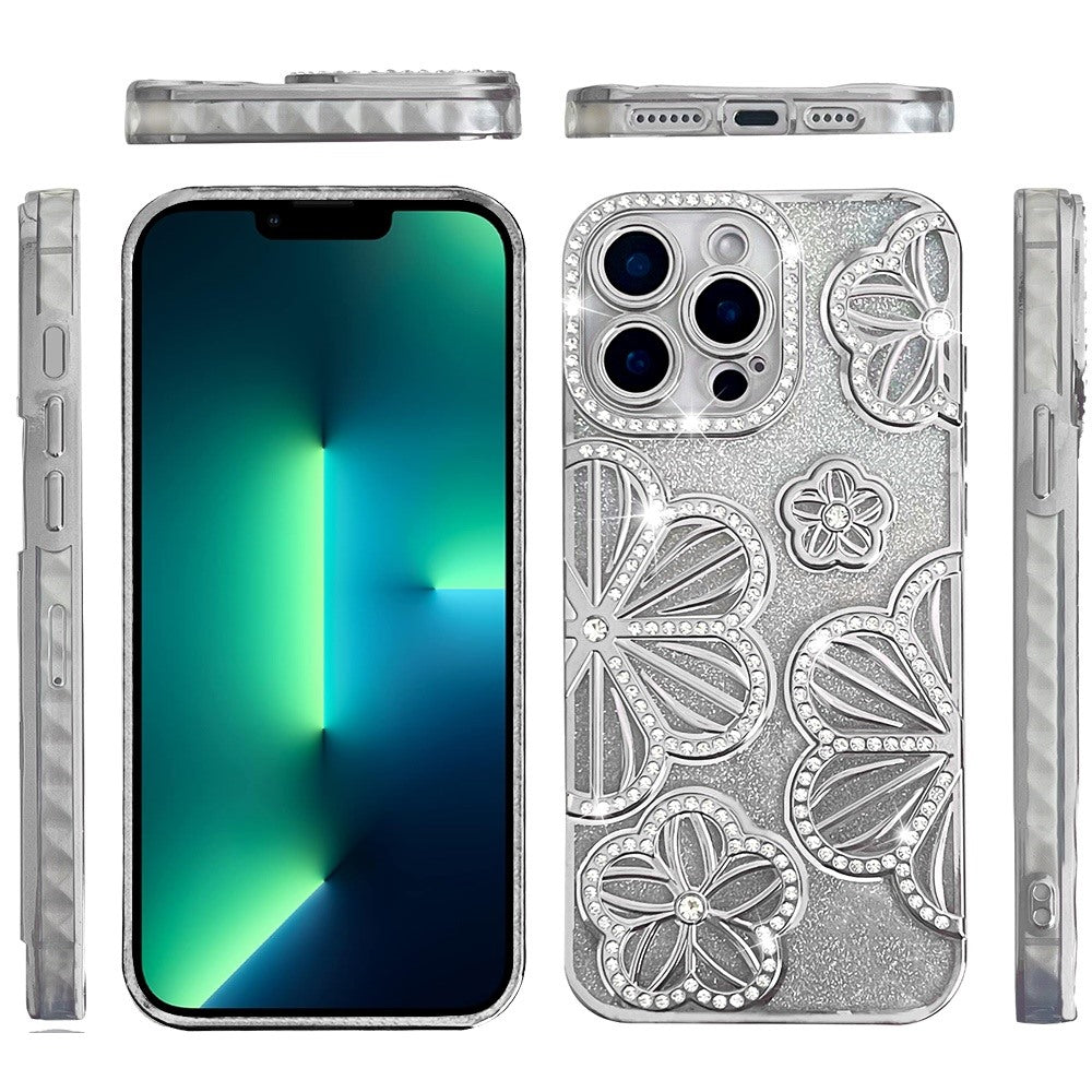 For Apple iPhone 13 Pro Max Luxury Flower Design Sparkle Glitter Diamond Rhinestone Shimmer Bling Plating Thick TPU Hard PC Case Cover