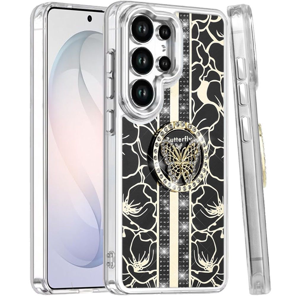 For Samsung Galaxy S25 Ultra Diamonds 3D Butterfly Floral Design Bling Sparkly Glitter Hybrid Metal Fashion with Ring Stand Case Cover Cosmic Orange