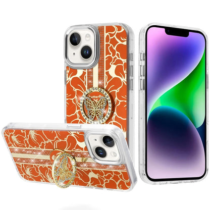 For iPhone 14/13 (6.1") Diamonds 3D Butterfly Floral Design Bling Sparkly Glitter Hybrid Metal Fashion with Ring Stand Case Cover Cosmic Orange
