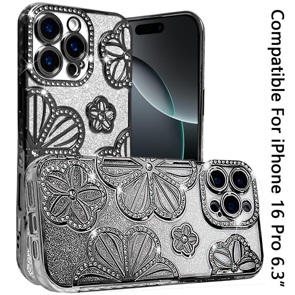 For Apple iPhone 16 Pro Luxury Flower Design Sparkle Glitter Diamond Rhinestone Shimmer Bling Plating Thick TPU Hard PC Case Cover
