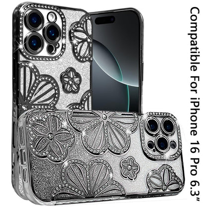 For Apple iPhone 16 Pro Luxury Flower Design Sparkle Glitter Diamond Rhinestone Shimmer Bling Plating Thick TPU Hard PC Case Cover