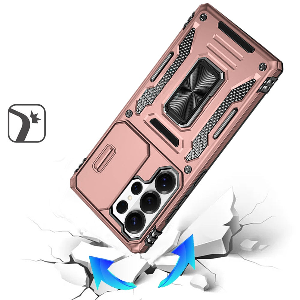 For Samsung Galaxy S26 Ultra Tough Hybrid Case with Movable Camera Window & Metal Ring Stand Shockproof Case Cover