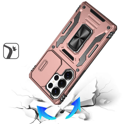 For Samsung Galaxy S26 Ultra Tough Hybrid Case with Movable Camera Window & Metal Ring Stand Shockproof Case Cover