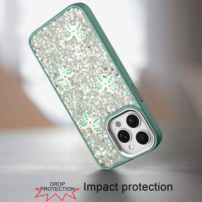 For Apple iPhone 13 Pro Max Cute Butterfly Crystal Diamond Glitter Case Sparkle Bling Frame Metallic Edges, Shimmer TPU Hybrid Case Cover Teal