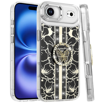 For Apple iPhone 17 Air (6.6") Diamonds 3D Butterfly Floral Design Bling Sparkly Glitter Hybrid Metal Fashion with Ring Stand Case Cover