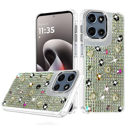 Phone Case for Motorola Moto G Stylus 5G 2026 /2025 Chrome Fashion Hybrid Bling Diamond Heart Rhinestone Decorative Stones Sparkling Embellished Design Cover
