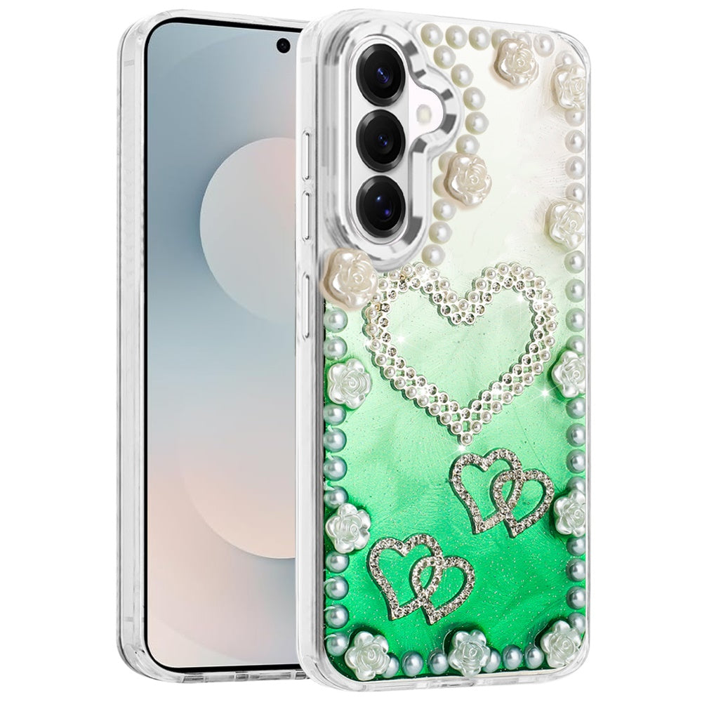 For Samsung Galaxy S26 Bling Fashion Design with 3D Pearls Epoxy Glitter Ornaments Chrome Edge Hard Slim PC Case Cover