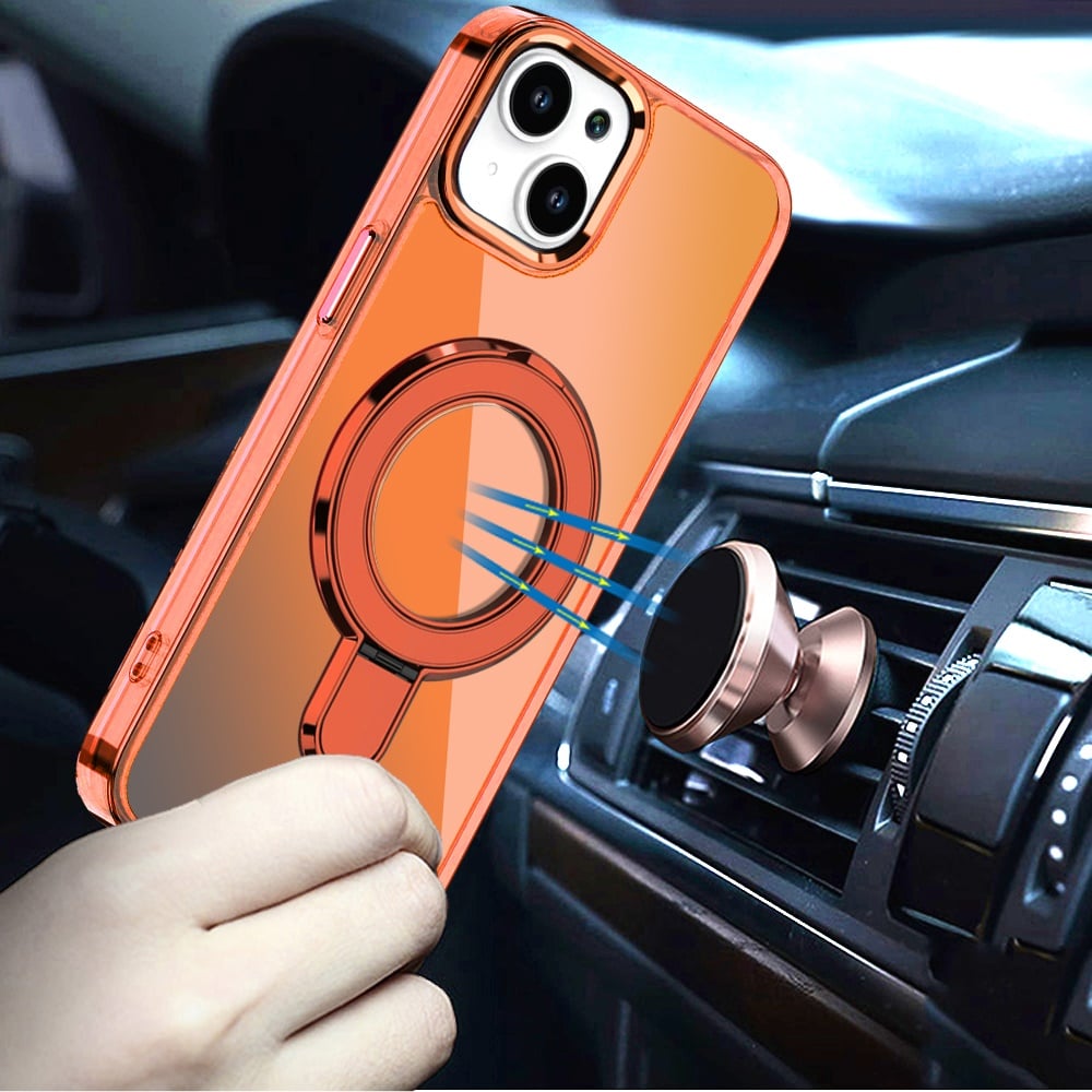 For iPhone 15 Plus (6.7") Chrome Hybrid with Rotating Magnetic Circle Ring Stand, Slim Shockproof Hybrid Case Cover Cosmic Orange