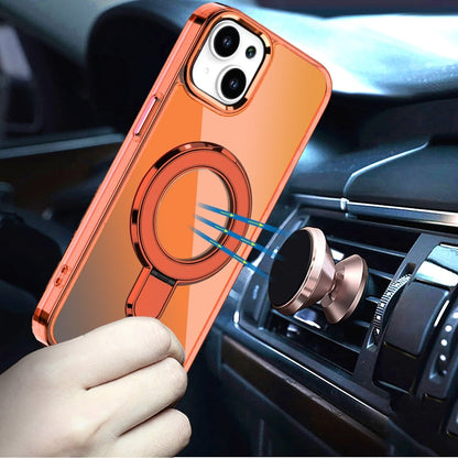 For iPhone 15 Plus (6.7") Chrome Hybrid with Rotating Magnetic Circle Ring Stand, Slim Shockproof Hybrid Case Cover Cosmic Orange