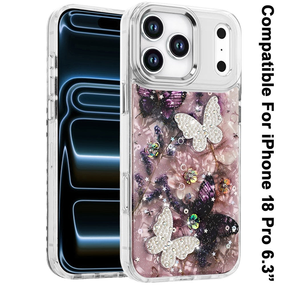 Phone Case for Apple iPhone 18 Pro/ 17 Pro Glitter Butterfly Design Metal Buttons Shockproof Hybrid TPU + PC Durable Protective Slim Grip Stylish Cover