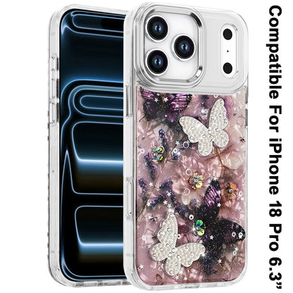 Phone Case for Apple iPhone 18 Pro/ 17 Pro Glitter Butterfly Design Metal Buttons Shockproof Hybrid TPU + PC Durable Protective Slim Grip Stylish Cover