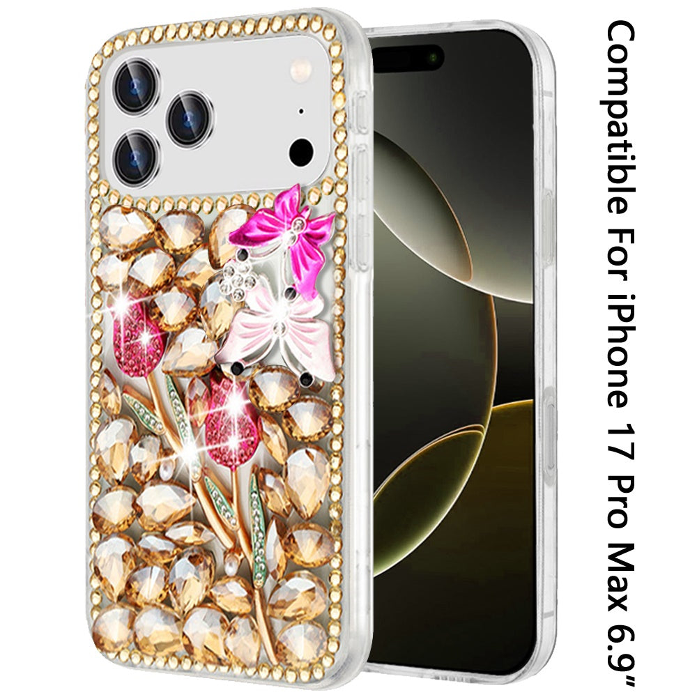 For Apple iPhone 17 Pro Max (6.9") Bling Crystal 3D Full Diamonds Luxury Sparkle Rhinestone Hybrid Protective Case Cover