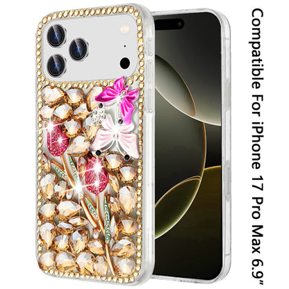 For Apple iPhone 17 Pro Max (6.9") Bling Crystal 3D Full Diamonds Luxury Sparkle Rhinestone Hybrid Protective Case Cover