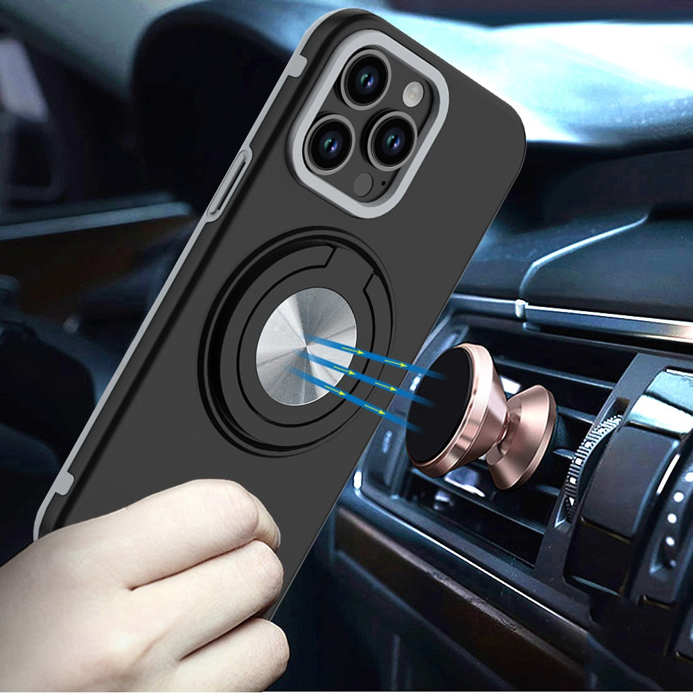 Phone Case for Apple iPhone 13 Pro Shockproof Magnetic Ring Stand Rotating CarMount Hybrid Metal Matte Finish AntiSlip Grip Kickstand Cover Black
