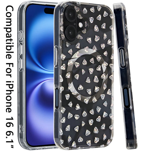 For iPhone 16 (6.1") Premium Double Layer IMD Magnetic Hybrid Shockproof Protection Durable Anti Scratch Secure Grip Slim Design Compatible Case Cover Smoke Diamond Holographic
