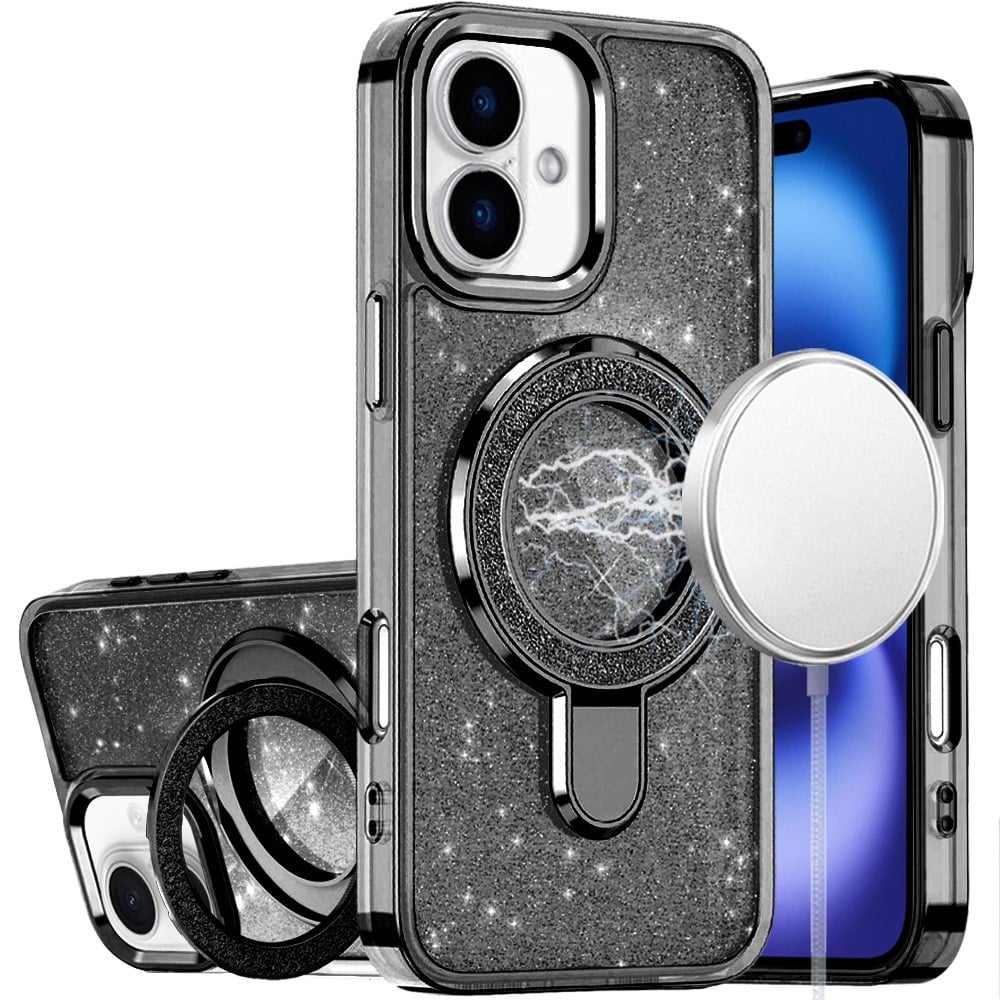 Phone Case for Apple iPhone 17/ iPhone 18 Transparent Glitter Bling Magnetic Ring Stand Shockproof Anti Slip Rotating Grip Protective Hybrid Durable Armor Cover