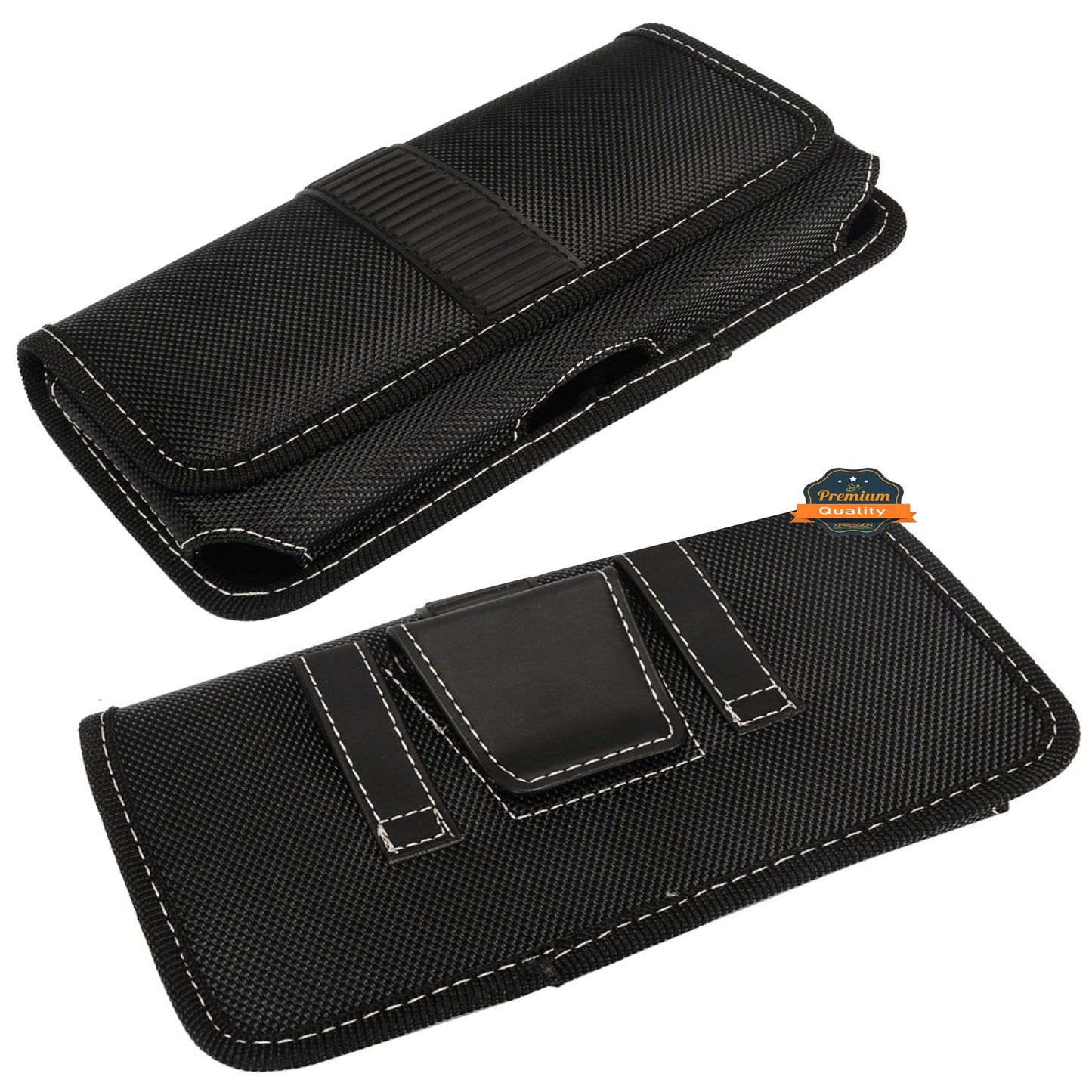 For Apple iPhone 16 Plus (6.7") Rugged Canvas Cellphone Belt Clip Cover Holster Pouch Holder with Belt Loops Universal Horizontal Carrying Case [Black]