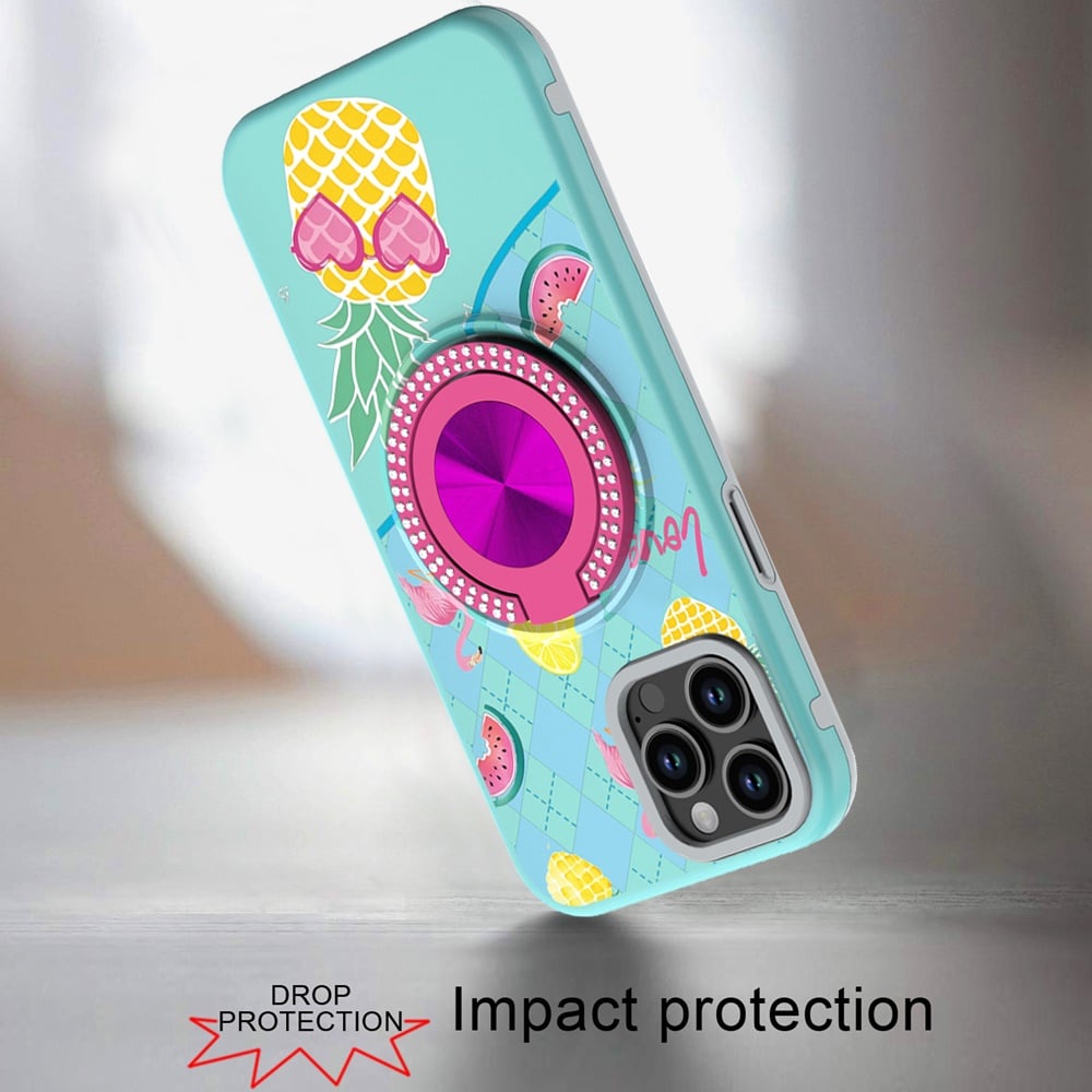 For Apple iPhone 11 Pro Max Pattern Design Hybrid with Invisible Ring Stand & Magnetic Back, Shockproof Protective Grip Case Cover Pineapple