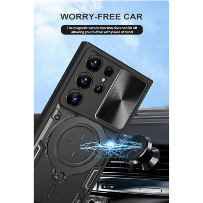 For Samsung Galaxy A17 5G Hybrid Shockproof with Magnetic Ring Stand, Compatible with Magsafe & Sliding Camera Lens Protector Case Cover