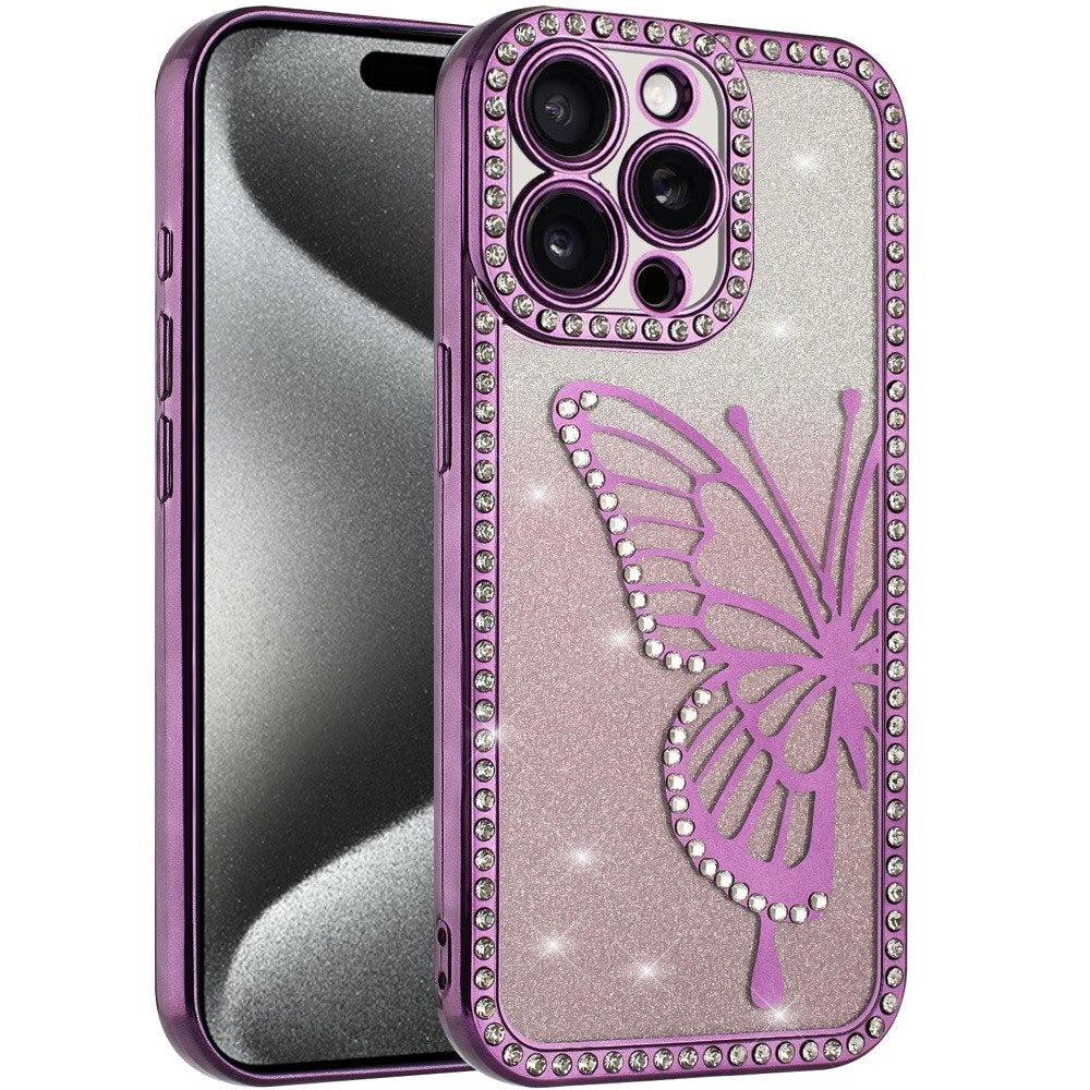 For Apple iPhone 14 Pro Max Butterfly Glitter Diamond Shimmer Hybrid Slim & Stylish Electroplated Sparkly Bling Shockproof TPU Protective Case Cover