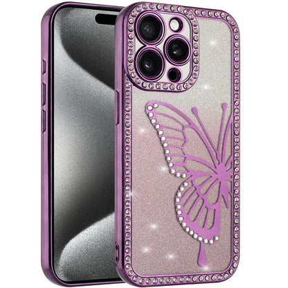 For Apple iPhone 14 Pro Max Butterfly Glitter Diamond Shimmer Hybrid Slim & Stylish Electroplated Sparkly Bling Shockproof TPU Protective Case Cover