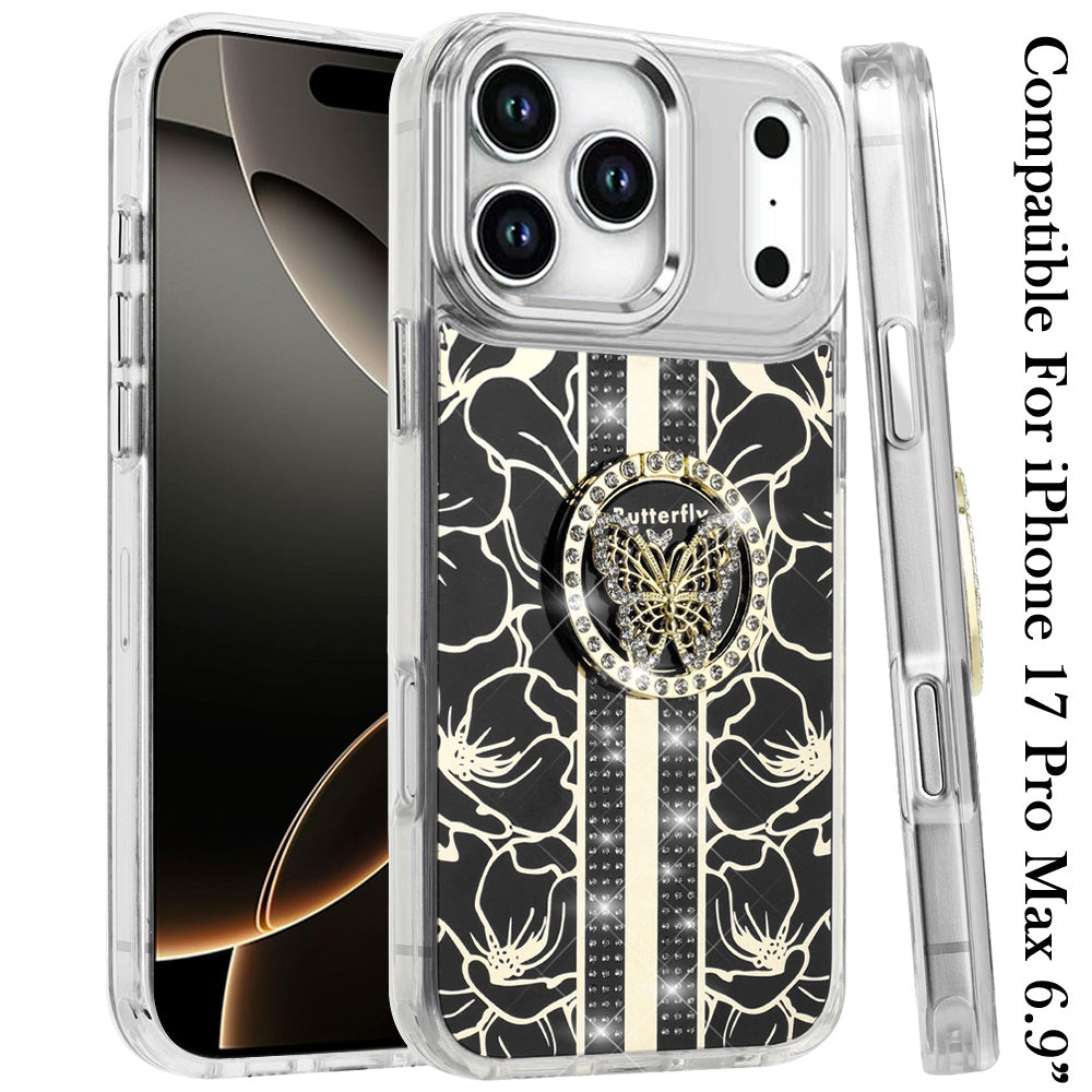 For Apple iPhone 17 Pro Max (6.9") Diamonds 3D Butterfly Floral Design Bling Sparkly Glitter Hybrid Metal Fashion with Ring Stand Case Cover