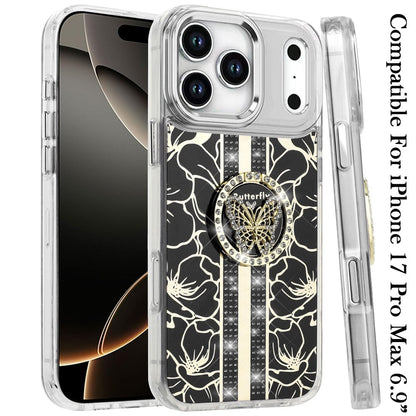 For Apple iPhone 17 Pro Max (6.9") Diamonds 3D Butterfly Floral Design Bling Sparkly Glitter Hybrid Metal Fashion with Ring Stand Case Cover