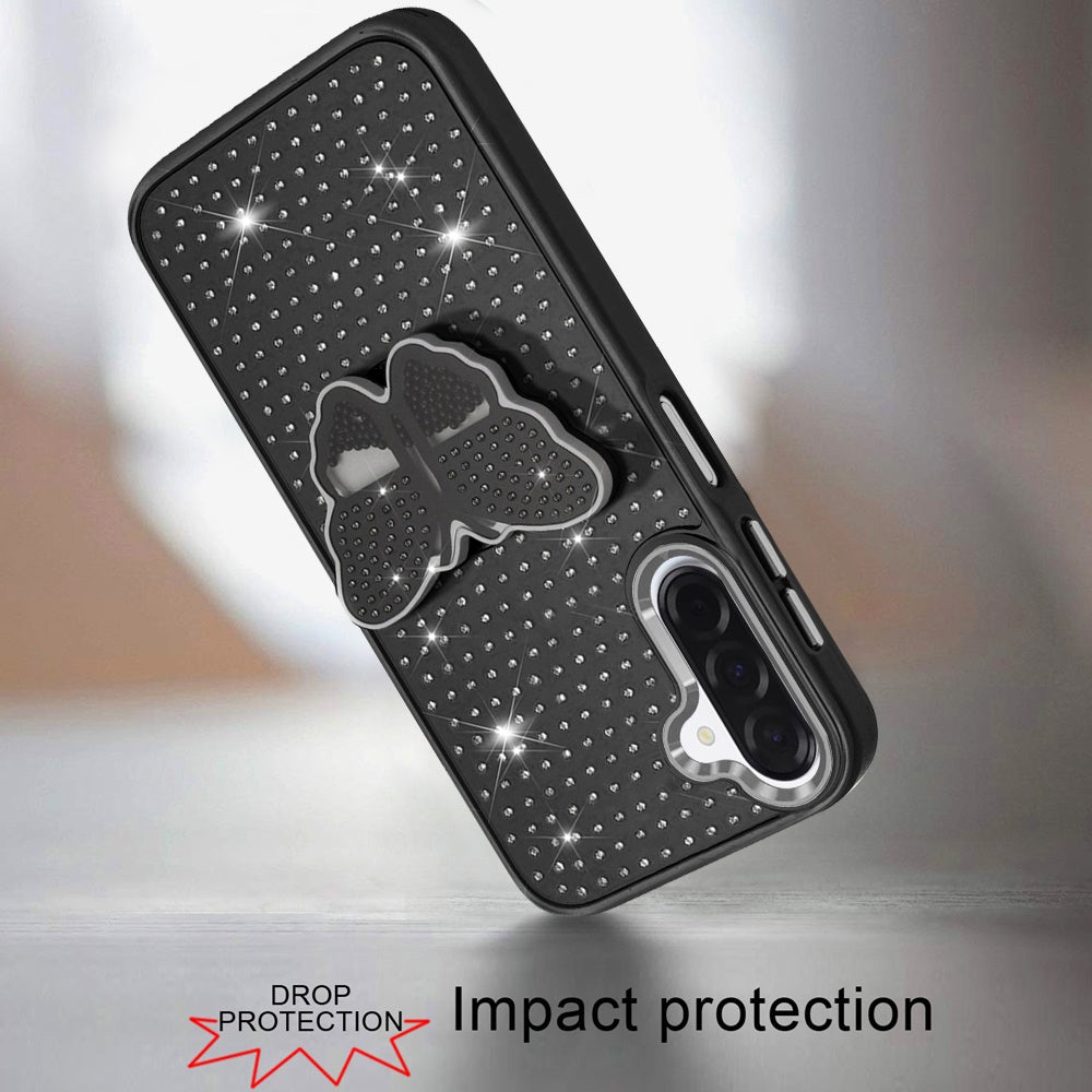 Phone Case for Samsung Galaxy A17 5G Butterfly Grip Pop Stand Diamond Sparkle Hybrid Shockproof Metal Button Slim Protective Grip Decorative Design Cover