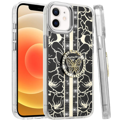 For Apple iPhone 14 /13 Diamonds 3D Butterfly Floral Design Bling Sparkly Glitter Hybrid Metal Fashion with Ring Stand Case Cover