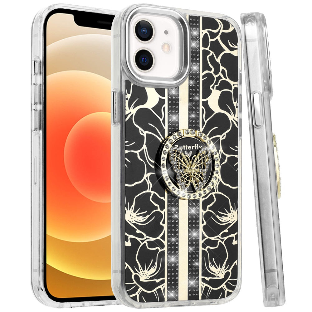 For Samsung Galaxy S26 Ultra Diamonds 3D Butterfly Floral Design Bling Sparkly Glitter Hybrid Metal Fashion with Ring Stand Case Cover
