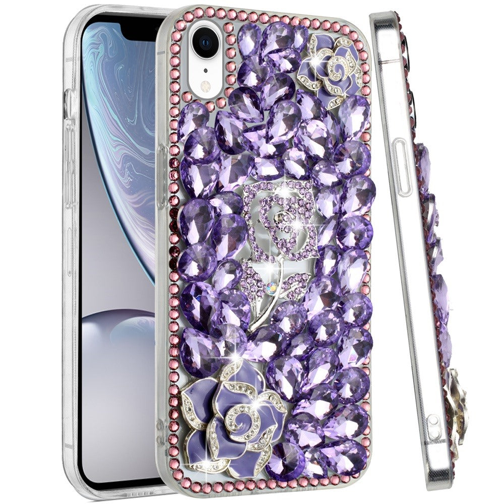 Phone Case for Apple iPhone XR 3D Floral Diamond Bling Glitter Luxury Sparkle Hybrid Stylish Rhinestone Shockproof Protective Designer Cover Purple