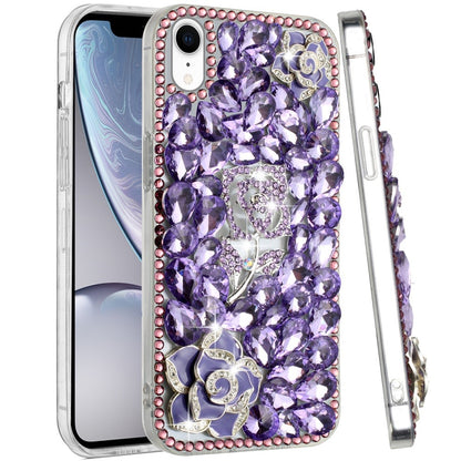 Phone Case for Apple iPhone XR 3D Floral Diamond Bling Glitter Luxury Sparkle Hybrid Stylish Rhinestone Shockproof Protective Designer Cover Purple
