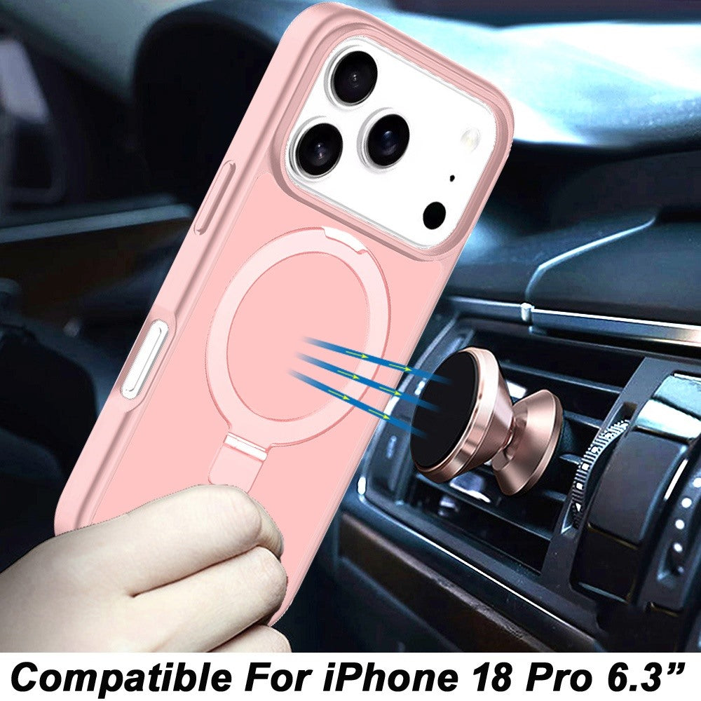 Phone Case for Apple iPhone 18 Pro/ 17 Pro Magnetic Ring Stand Full Rotation Matte Shockproof Grip Anti Slip Durable Camera Protection Hybrid Cover Pink